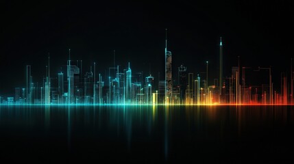 Poster - Vibrant Futuristic City Skyline with Neon Lights and Reflections in a Dark Atmosphere, Ideal for Technology, Urban, and Creative Projects
