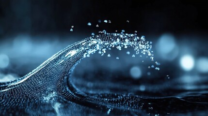 Aufkleber - Captivating Close-up of a Glimmering Water Wave with Bubbles Against a Dark Background, Showcasing the Fluidity and Beauty of Nature in Blue Tones