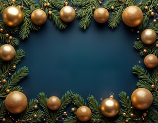 Poster - Luxury Christmas card design. Golden baubles and fir branches create frame on dark blue background. Top view. Festive and chic. Suitable for greeting card, invitation, or poster. Elegant and modern.