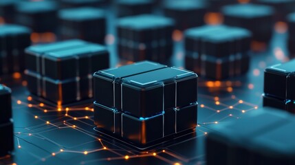 Poster - Abstract representation of futuristic technology with glowing network connections and dark cubes, symbolizing data, blockchain, and digital transformation.