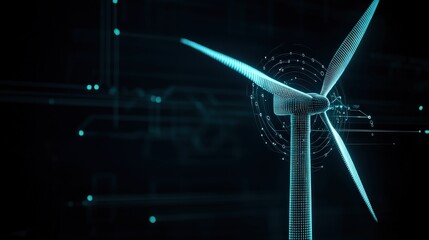 Poster - Futuristic Digital Representation of a Wind Turbine with Data Integration in a Dark Background, Illustrating Renewable Energy Concepts and Technology Advancement