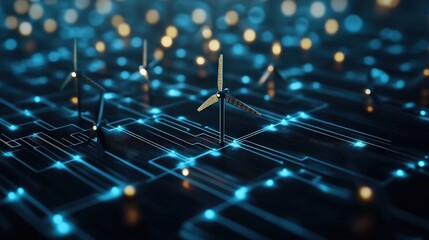 Aufkleber - Futuristic Wind Turbines on a Digital Circuit Board Background Representing Renewable Energy and Technology in an Innovative Landscape