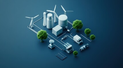 Aufkleber - Sustainable Energy Infrastructure with Wind Turbines, Storage Tanks, Transformers, Vehicles, Solar Panels, and Trees Presented in an Isometric View for Renewable Energy Concepts