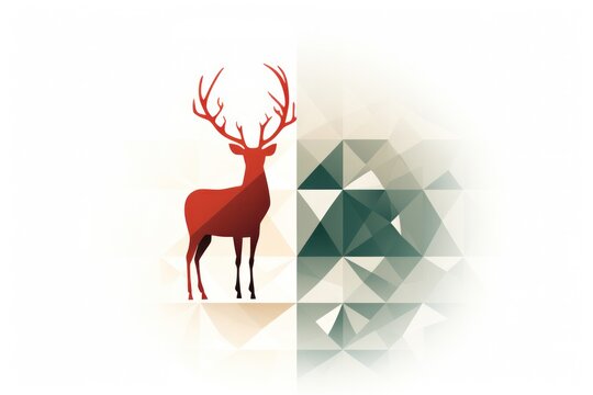 Elegant Christmas greeting card showcasing a geometric reindeer graphic in red and green, isolated on white background