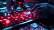 © Junior - A detailed close-up of a researcher’s hands carefully placing a blood sample slide under a high-tech microscope. The glowing digital display on the microscope shows magnified cells, symbolizing