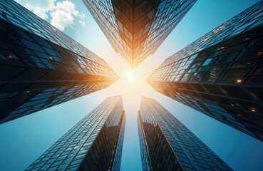 Poster - Modern glass buildings rise against clear blue sky. Golden light shines through windows, reflects beautifully off facades. Symmetrical design creates striking visual effect, emphasizes contemporary