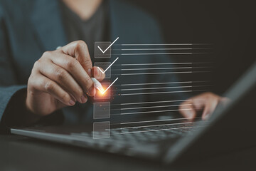 Poster - Checklist concept. The survey form, check marks on a checklist, fill out an online form and answer questions. List options for business procedures followed by the office. Businessman marks checkboxes