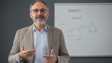 Poster - Professional man in glasses presenting marketing strategy in front of whiteboard with graphics in modern office setting