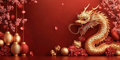 A vibrant illustration of a golden dragon entwined with lanterns for the Lunar New Year 2025, perfect for festive marketing, web posters, or event invitations.