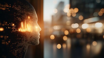 Poster - Futuristic Visualization of Creativity Represented by a Digital Face Merging with Urban Environment and Glowing Lights