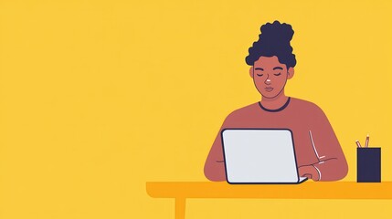 Poster - Young woman working on laptop at home with workspace and yellow background emphasizing remote working and productivity