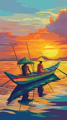 Wall Mural - Two Fishermen Rowing Boat at Sunset Golden Sky