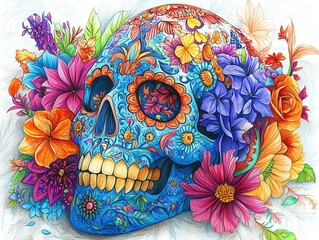 Poster - Colorful skull adorned with vibrant flowers, symbolizing life and death in cultural art.