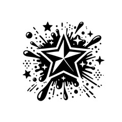 Poster - Starburst Explosion: A bold graphic design featuring a five-pointed star exploding with ink splatters and smaller stars, perfect for projects needing a dynamic and energetic feel.