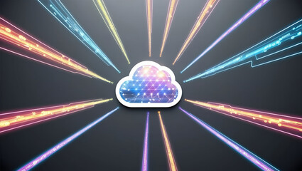 Poster - holographic cloud icon with colorful rays radiating from it, creating vibrant digital atmosphere. This symbolizes technology and innovation in cloud computing