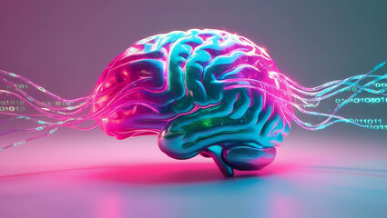 Poster - vibrant digital brain with flowing data streams symbolizes intelligence and technology. colorful design represents innovation and creativity in digital age