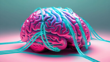 Poster - vibrant digital brain with glowing circuits symbolizes advanced technology and intelligence. colorfu