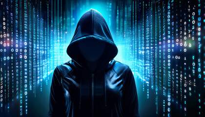 Poster - mysterious figure in hooded jacket stands against backdrop of glowing binary code, evoking sense of 