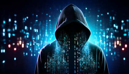 Poster - mysterious figure in hooded sweatshirt stands against backdrop of glowing binary code, evoking sense