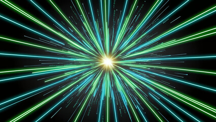 Poster - Vibrant glowing lines radiate from central point, creating dynamic burst of energy and light, reminiscent of digital binary code. This captivating visual evokes sense of motion and excitement