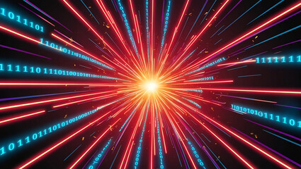 Poster - glowing neon lines radiate from central point, creating vibrant explosion of binary code. this dynam