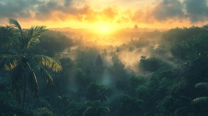 Poster - A serene sunrise over a lush jungle landscape, shrouded in mist and palm trees.