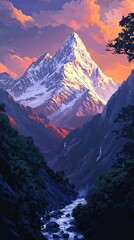 Wall Mural - Majestic Snowcapped Mountain Peak Sunset Valley River