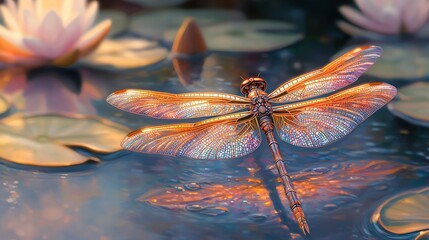 Aufkleber - A vibrant dragonfly rests above a serene lily pond, reflecting colorful light.