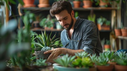 a beautiful, modern indoor space with a handsome man carefully pruning a stylish succulent