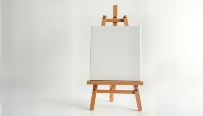 Poster - Blank canvas on easel against white background. Simple studio shot ideal for art workshops, creative design content. Blank canvas offers versatile display space perfect for illustrating new art