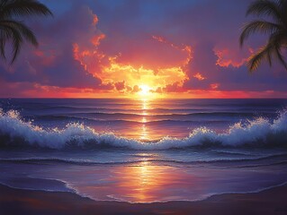 Aufkleber - A vibrant sunset over the ocean with waves and palm trees, evoking tranquility and beauty.