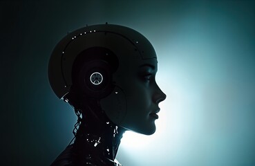 Aufkleber - Futuristic robot head profile shot. Dark background highlights mechanical design. Silhouette shows advanced tech. Cybernetic art piece evokes future concept. Profile portrait displays innovation.