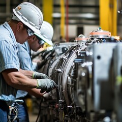 Poster - Industrial technicians repairing machinery manufacturing facility action scene indoor environment close-up viewpoint engineering process