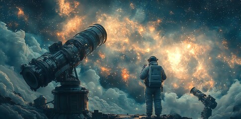 Poster - Astronaut observing a cosmic scene with telescopes amidst clouds and stars.