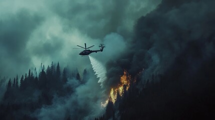 Helicopter battling wildfire mountain region aerial photography dramatic environment dynamic viewpoint nature conservation