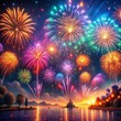 © Ariful - Beautiful blue and pink fireworks display lights up the sky with dazzling display during new year