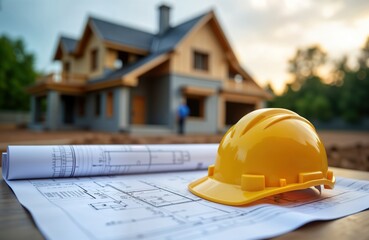 Construction site photo shows blueprints of new house with yellow hard hat. Site preparing for building work. House visible in background. Worker present on site. Construction project in progress.