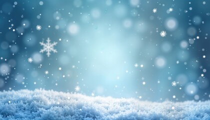 Poster - Soft winter scene shows snowflakes falling on soft blue gradient background. Snowy ground creates cozy atmosphere. Bokeh lights add sparkle. Festive design suitable for winter holiday cards seasonal