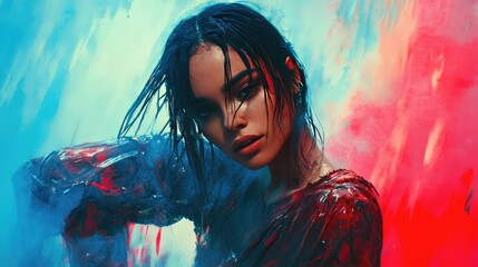 Poster - Woman with Wet Hair Against Vibrant Blue and Red Background