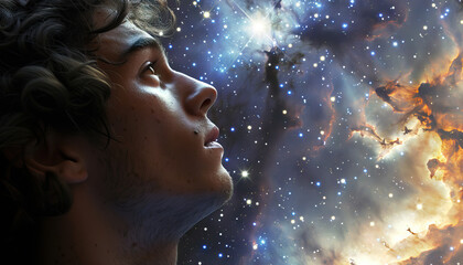 Young Man Observing Nebula and Stars