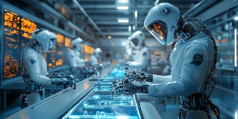 Fototapete - Futuristic robots working in a high-tech environment focused on advanced technology.