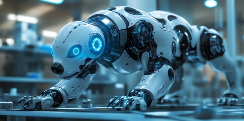 Poster - A futuristic robotic dog with glowing blue eyes, designed for advanced technology environments.