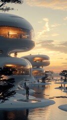 Poster - Futuristic buildings on water during sunset, showcasing innovative architecture.