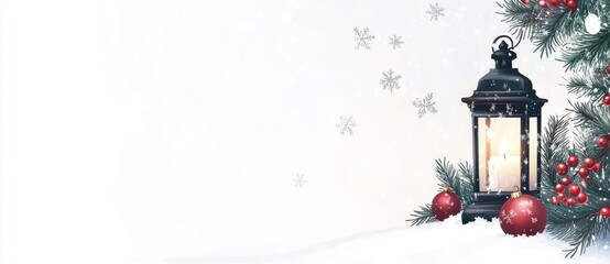 Wall Mural - a white background with a lantern and christmas decorations on the right, snowflakes falling, snowy 