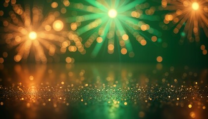 Aufkleber - Abstract festive backdrop with gold, green fireworks bokeh. Spectacular blurry display of bright lights on dark surface. Golden particles create luxurious holiday atmosphere. Vibrant colours make