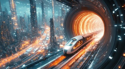 Poster - A futuristic train traveling through a glowing tunnel in a vibrant cityscape.