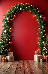 Poster - Wooden table in front of red wall decorated with Christmas lights, green plants. Christmas tree, presents in background. Festive holiday scene for greeting card poster. Minimalist design with warm