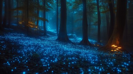 Wall Mural - a mystical forest illuminated by glowing blue and orange lights among the trees.