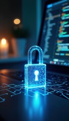 Leinwandbilder - Digital lock icon glows on laptop keyboard. Cybersecurity concept. Modern tech privacy management for data transfer. File protection illustrated. Advanced risk management. Focus on data security