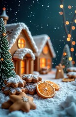 Poster - Snowy winter scene shows gingerbread houses, cookies decorated with icing, snow. Warm lighting creates cozy holiday atmosphere. Festive, beautiful winter design. Cozy xmas greeting card template